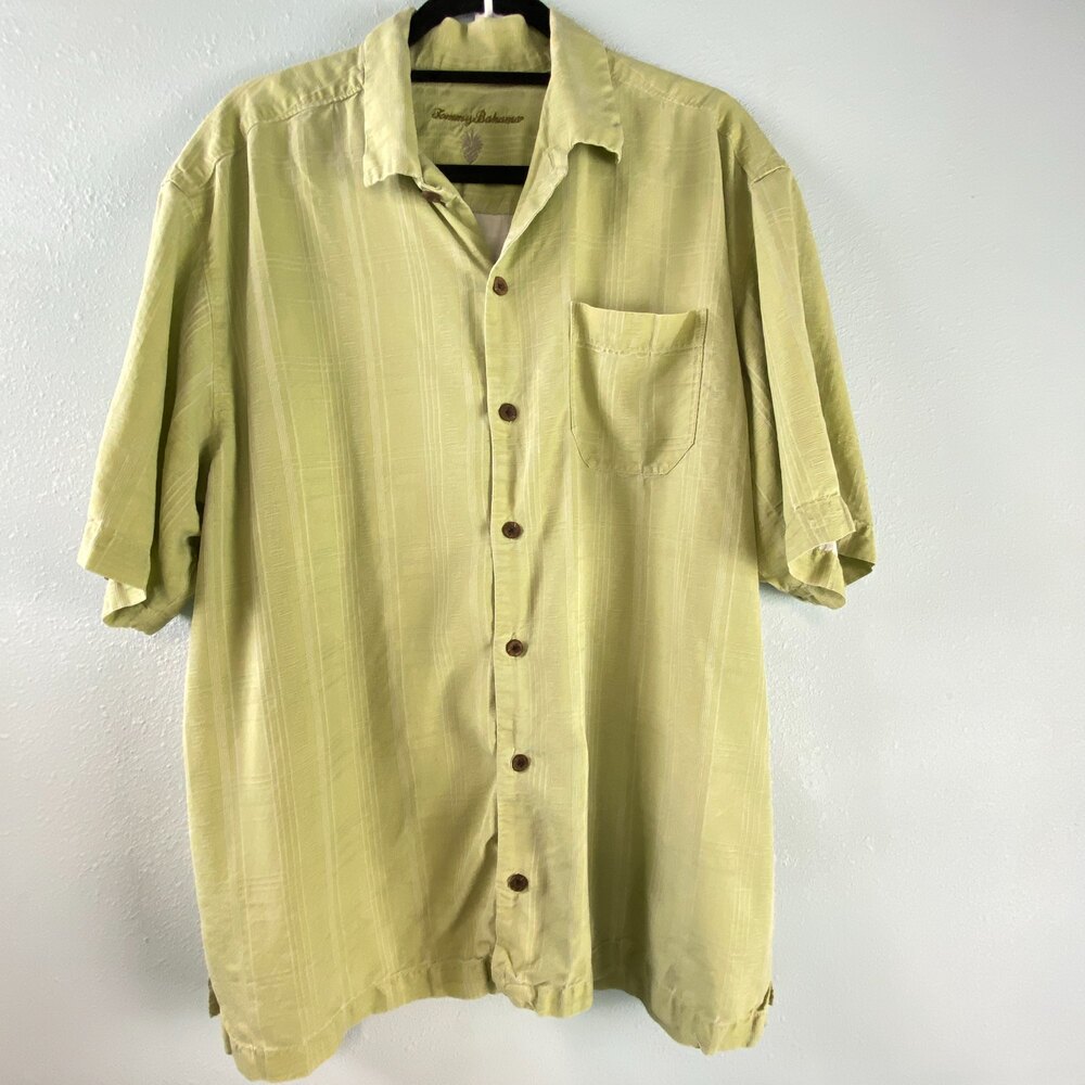 Tommy Bahama 100% Silk Light Green Plaid Short Sleeve Button Shirt XL